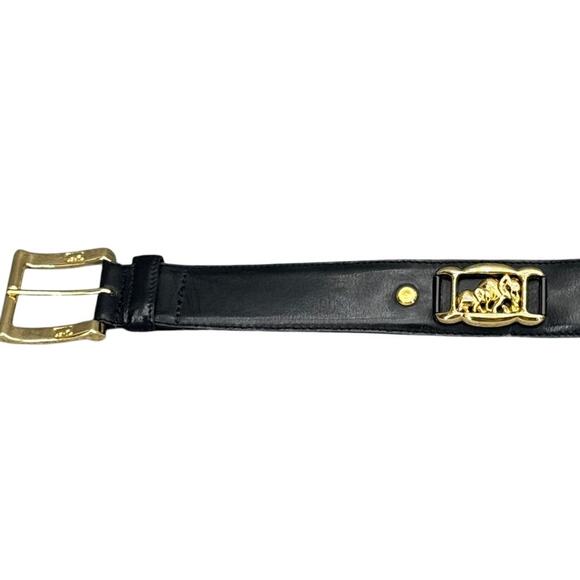 St John Black Rare Vintage Black Leather Gold Elephant Medallion Belt Women 32" - Picture 2 of 9